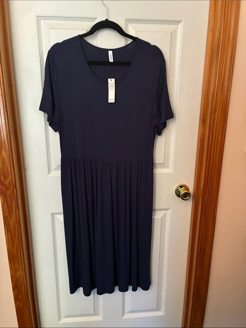 Women’s Navy Short-Sleeve Gathered Midi Dress